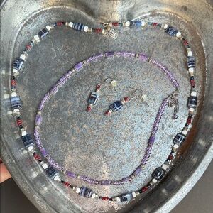 Handmade Elegant Purple Beaded Necklace and Earring Set Lot